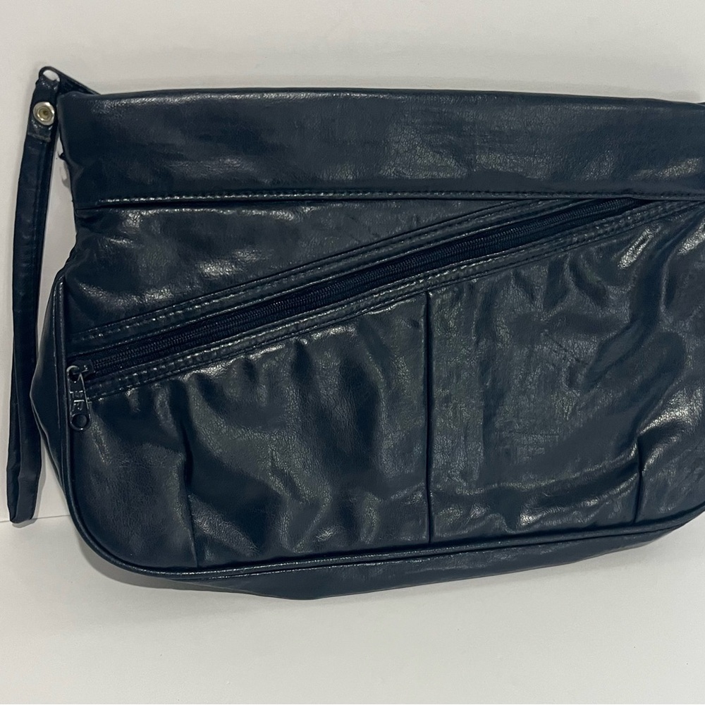 Vintage 1980's navy Vinyl-Leather Envelope Clutch Purse ROC Made In Taiwan Retro